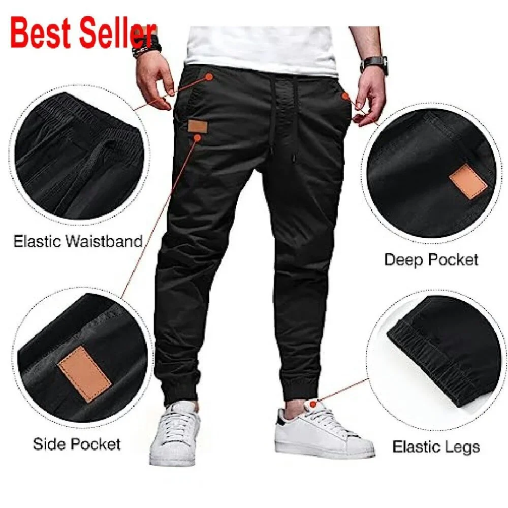 Men's Casual Joggers Twill Cargo Pants Tapered Fit Comfortable Drawstring